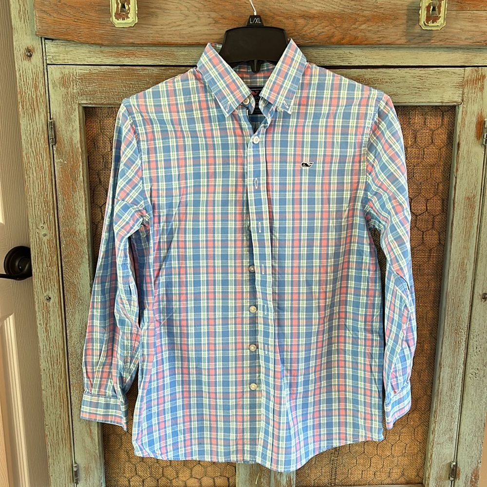 Vineyard Vines (16) L pink blue green plaid whale shirt cotton button down shirt